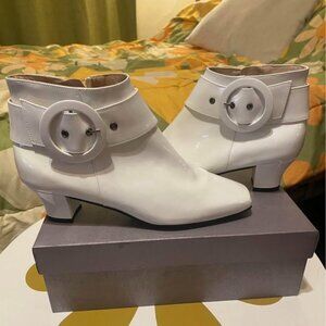 Mod Retro White Patent Leather Booties with Buckles